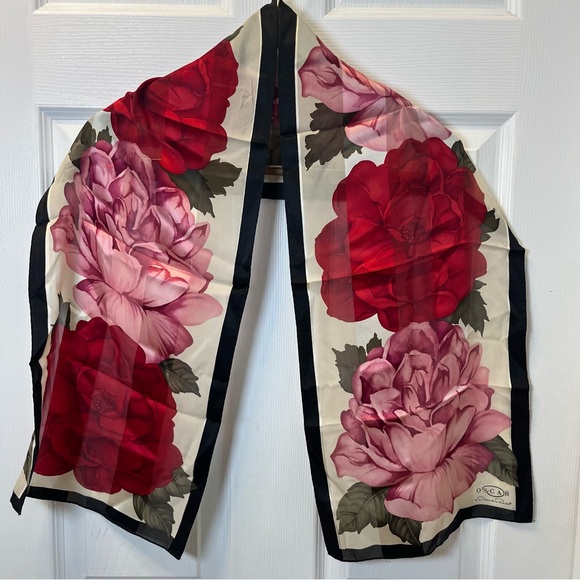 Oscar de la Renta Vintage Floral Silk Scarf - Red and Pink Roses Sheer Long - Picture 2 of 7